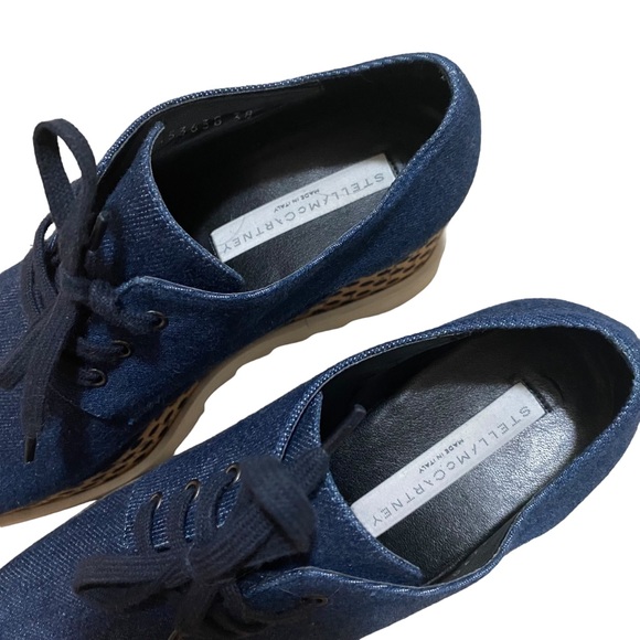 Stella McCartney Elyse Platform Denim Blue Beige Polka Dot Shoes Women's 38 or 8 - Picture 2 of 6